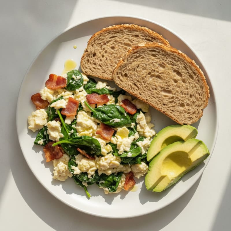 Crispy Turkey Bacon Egg White Scramble with Spinach