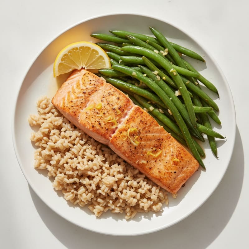 Seared Salmon Fillet with Garlic Green Beans and Brown Rice