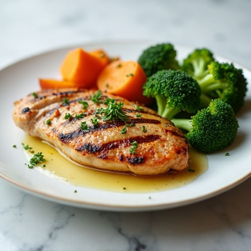 Grilled Chicken Breast with Roasted Sweet Potato and Steamed Broccoli