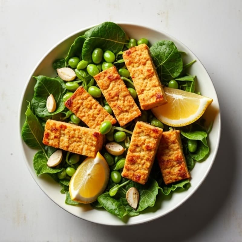 Crispy Tofu and Edamame Power Salad with Lemon Tahini Dressing