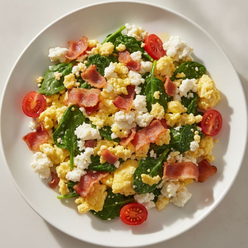 Cottage Cheese Egg Scramble with Spinach and Turkey Bacon