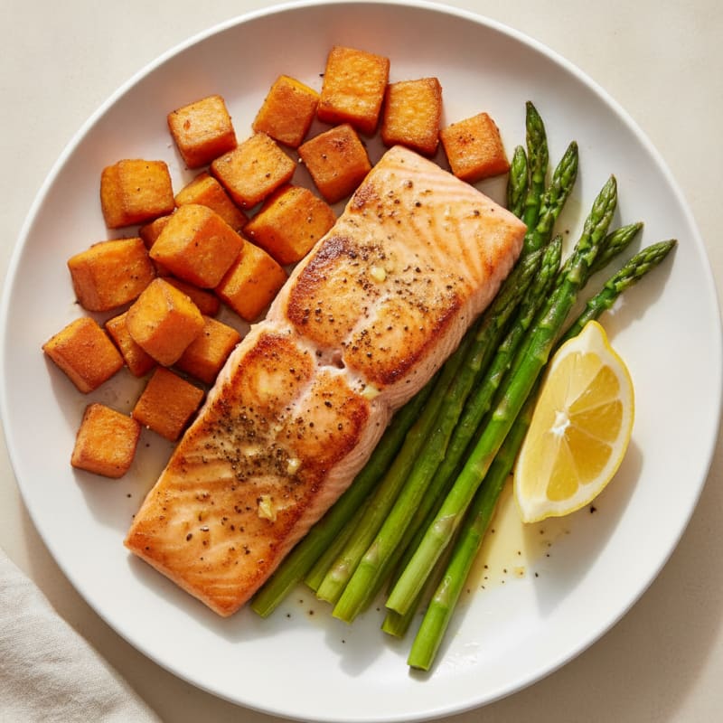 Seared Salmon Fillet with Roasted Sweet Potatoes and Asparagus