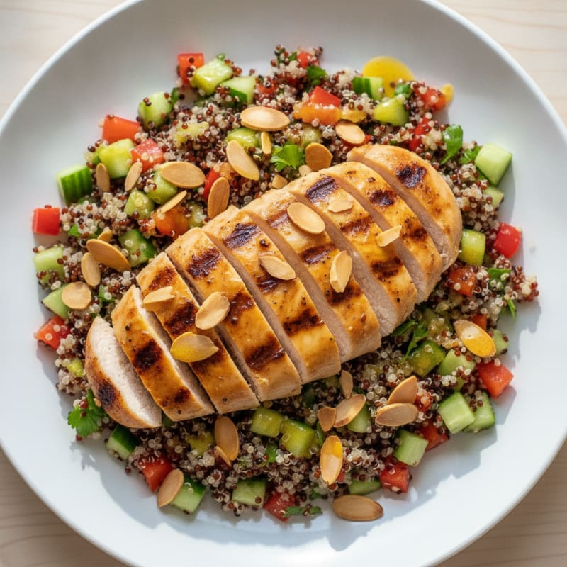 Grilled Chicken Breast with Crunchy Quinoa Salad and Lemon Vinaigrette