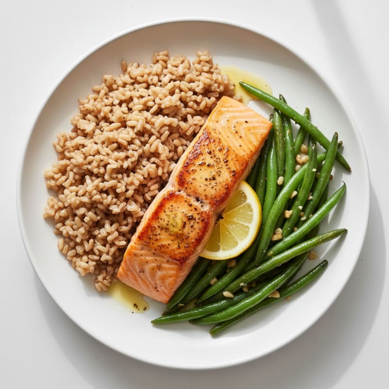 Seared Salmon with Garlic Green Beans and Brown Rice