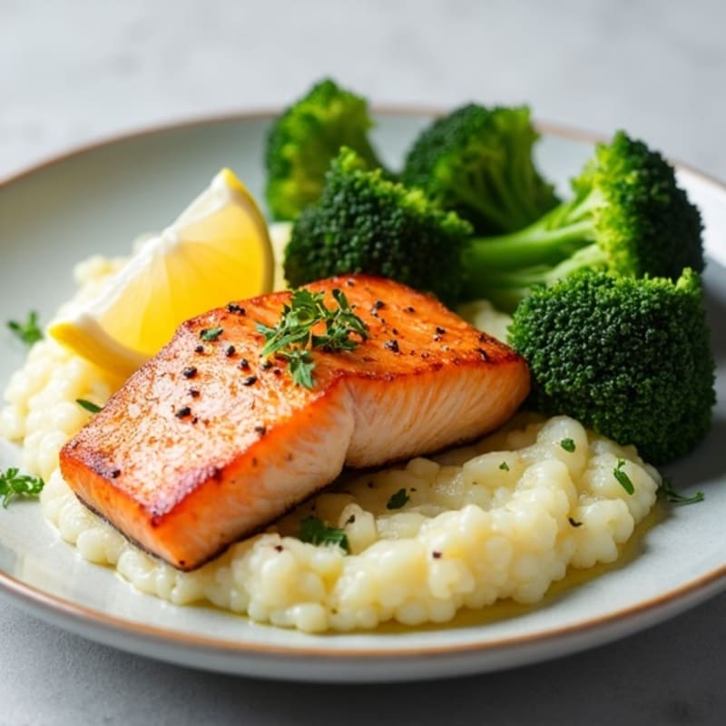 Seared Salmon with Steamed Broccoli and Cauliflower Mash