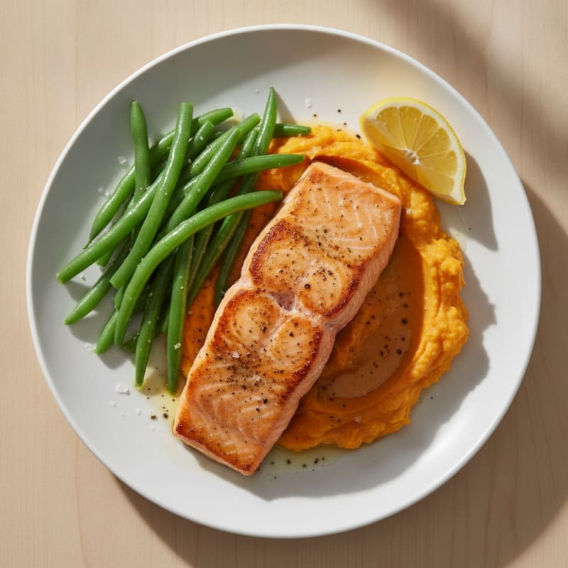 Seared Salmon Fillet with Steamed Green Beans and Sweet Potato Mash