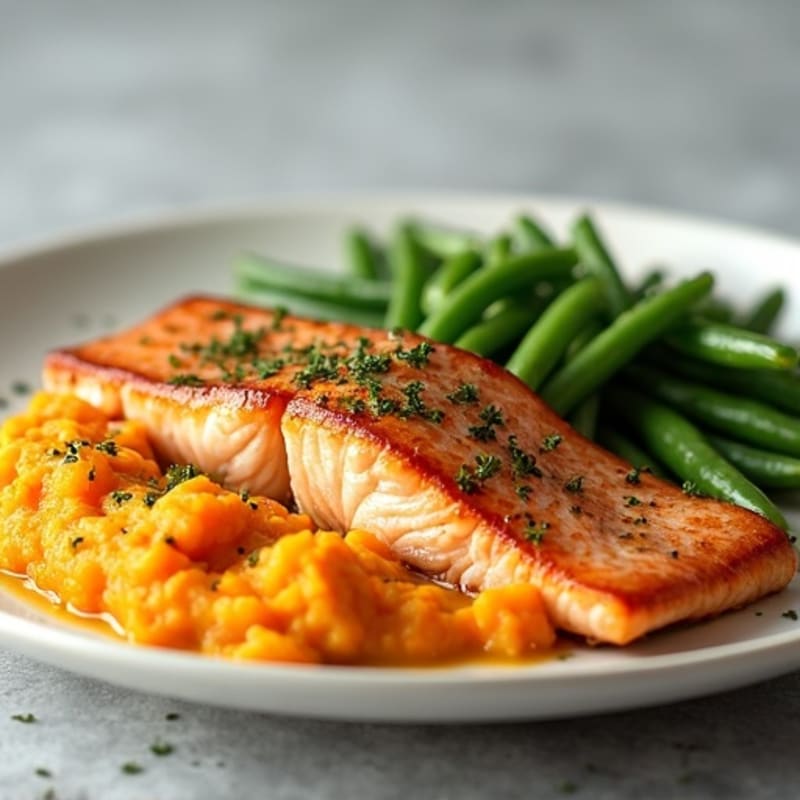 Seared Salmon with Garlic Green Beans and Sweet Potato Mash