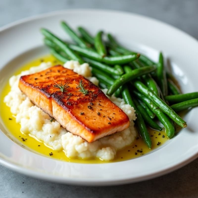 Seared Salmon with Steamed Green Beans and Cauliflower Mash