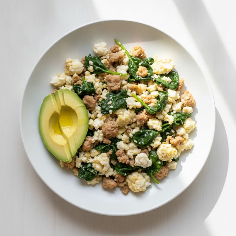Egg White and Turkey Sausage Scramble with Sautéed Spinach