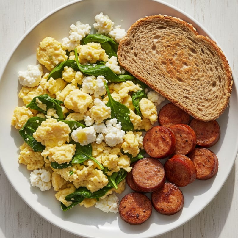 Cottage Cheese Scramble with Spinach and Sautéed Turkey Sausage