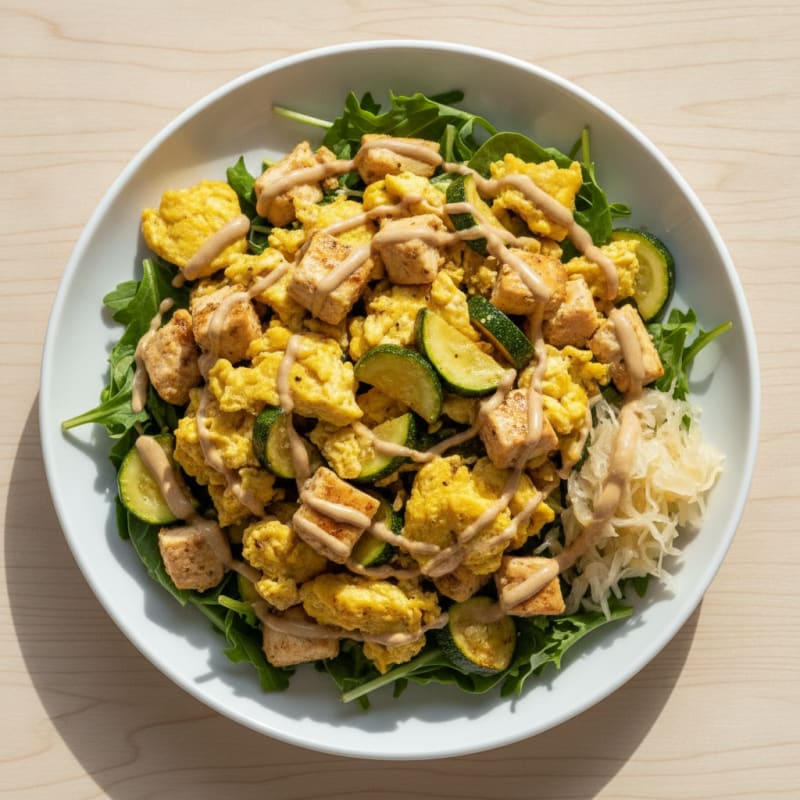 Egg and Zucchini Scramble with Spring Mix and Sauerkraut