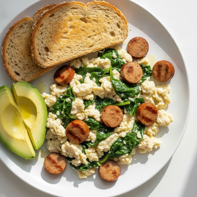 Egg White and Spinach Scramble with Turkey Sausage