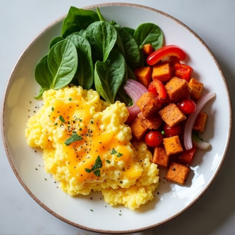 Scrambled Eggs with Crispy Sweet Potato Hash and Fresh Greens
