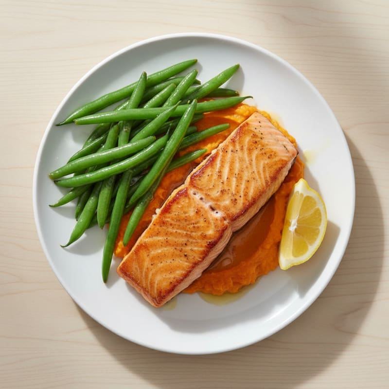 Seared Salmon Fillet with Steamed Green Beans and Sweet Potato Mash