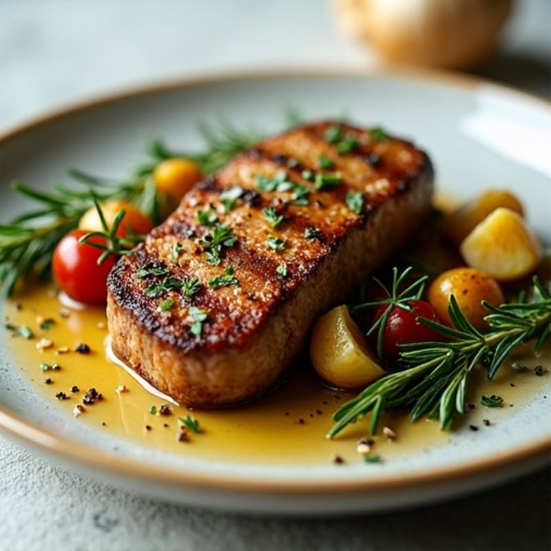 Herb-Crusted Pan Seared Steak with Roasted Garlic