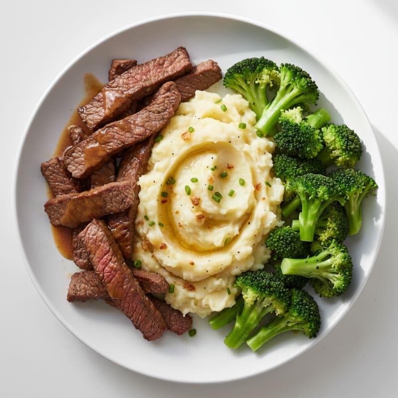 Seared Lean Beef Strips with Steamed Broccoli and Garlic Mashed Potatoes