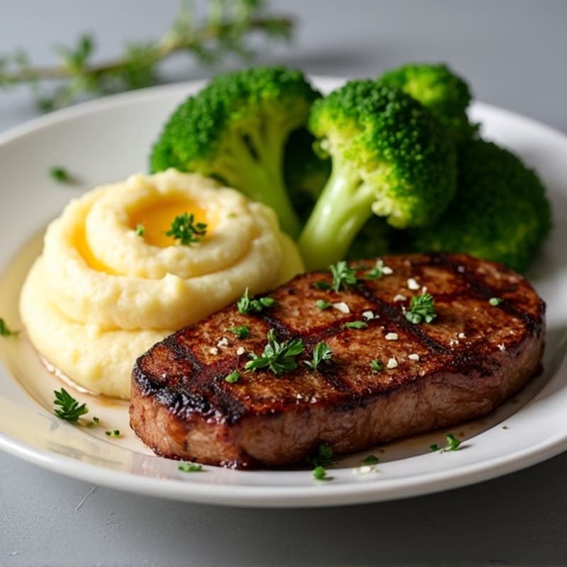 Seared Steak with Roasted Garlic Mashed Potatoes and Steamed Broccoli