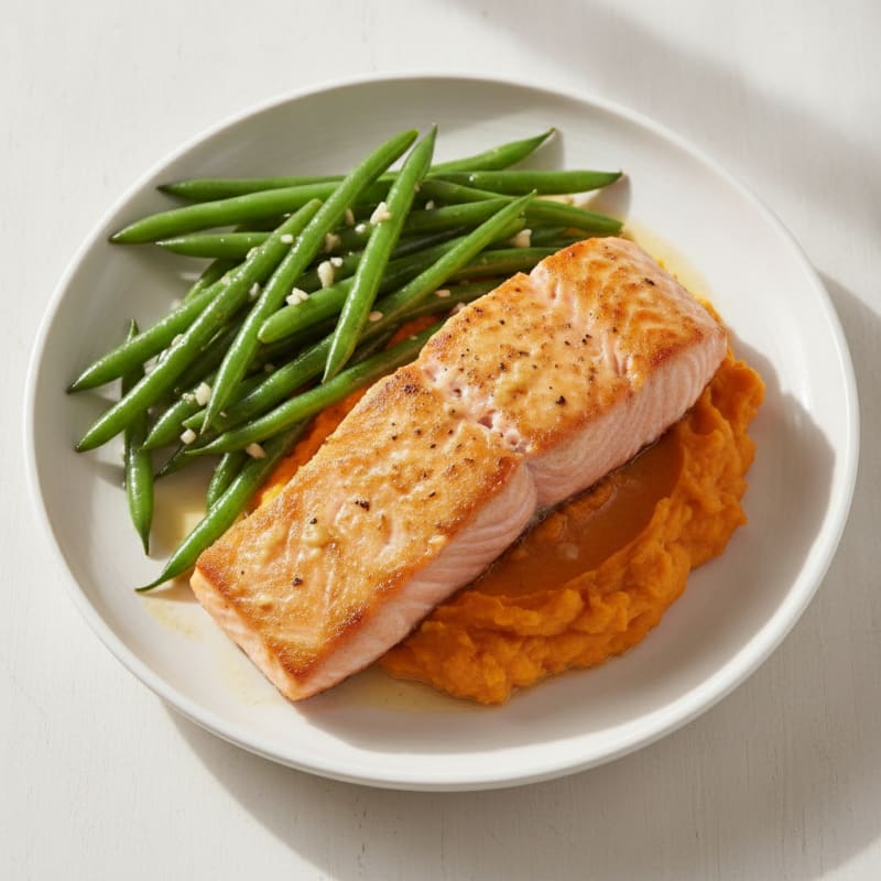 Seared Salmon with Garlic Green Beans and Sweet Potato Mash