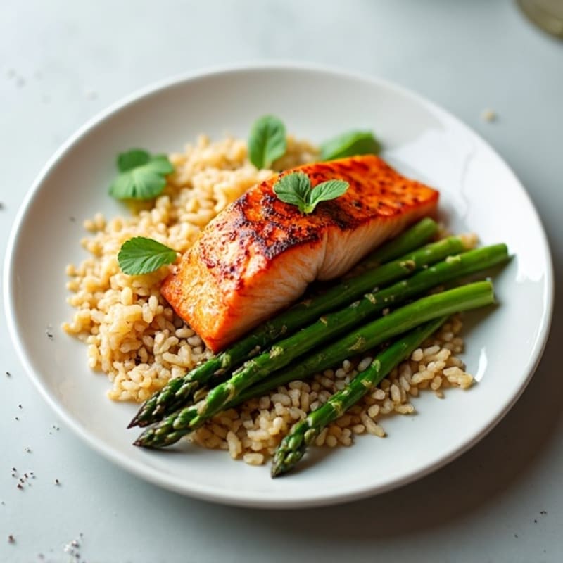 Seared Salmon with Steamed Asparagus and Brown Rice