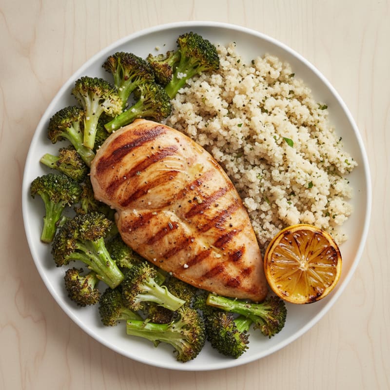 Grilled Chicken Breast with Quinoa and Roasted Broccoli