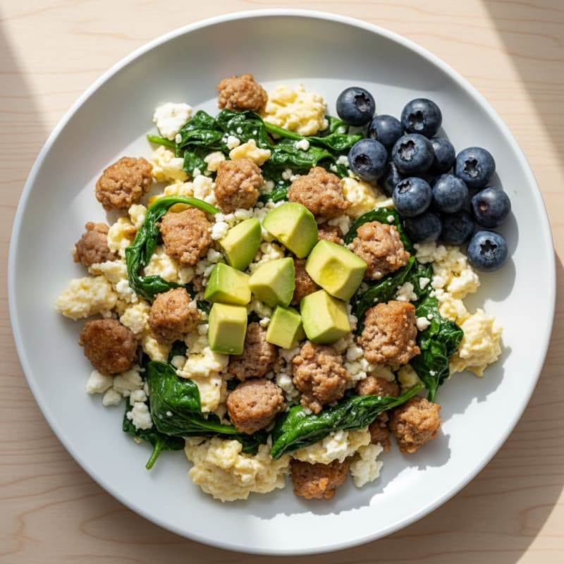 Egg White and Turkey Sausage Scramble with Spinach and Feta