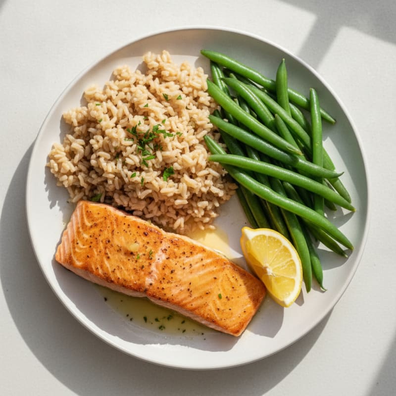 Seared Salmon with Steamed Green Beans and Brown Rice