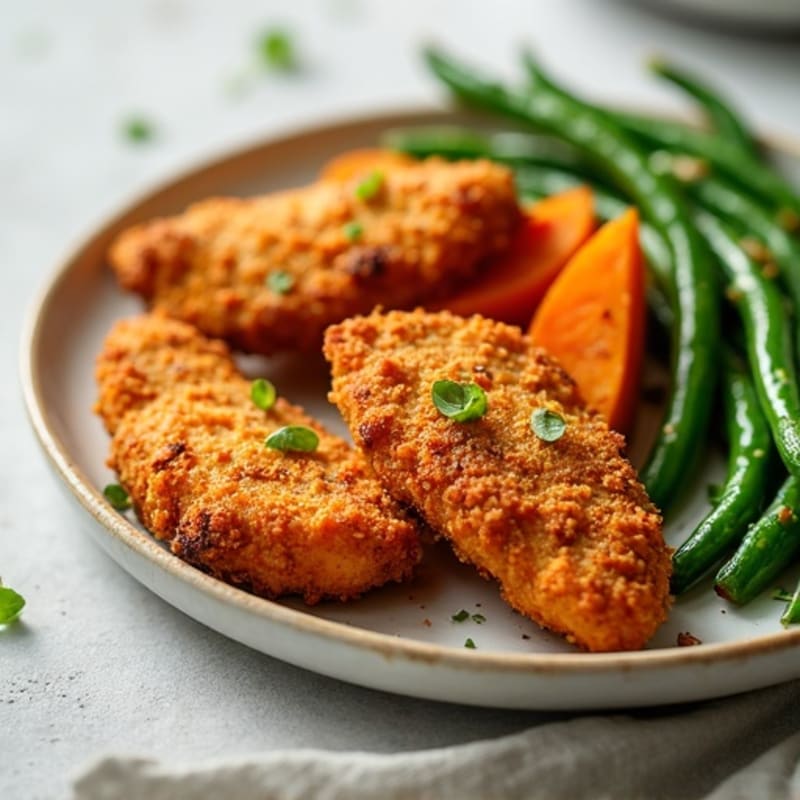 Crispy Baked Chicken Tenders with Roasted Sweet Potato Fries and Fresh Green Beans