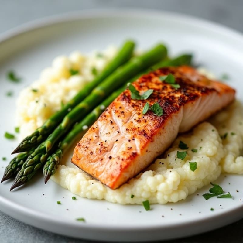 Seared Salmon Fillet with Steamed Asparagus and Cauliflower Mash