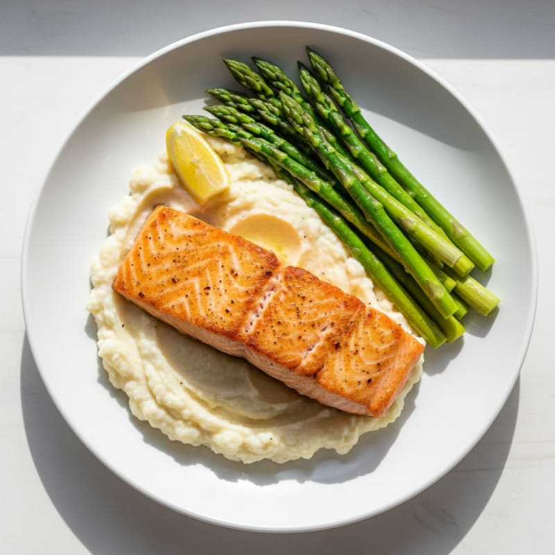 Seared Salmon with Steamed Asparagus and Cauliflower Mash