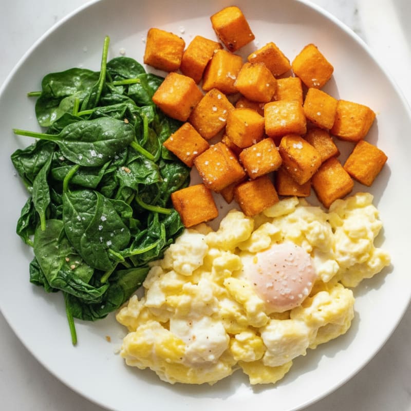 Scrambled Eggs with Sautéed Spinach and Roasted Sweet Potato Cubes
