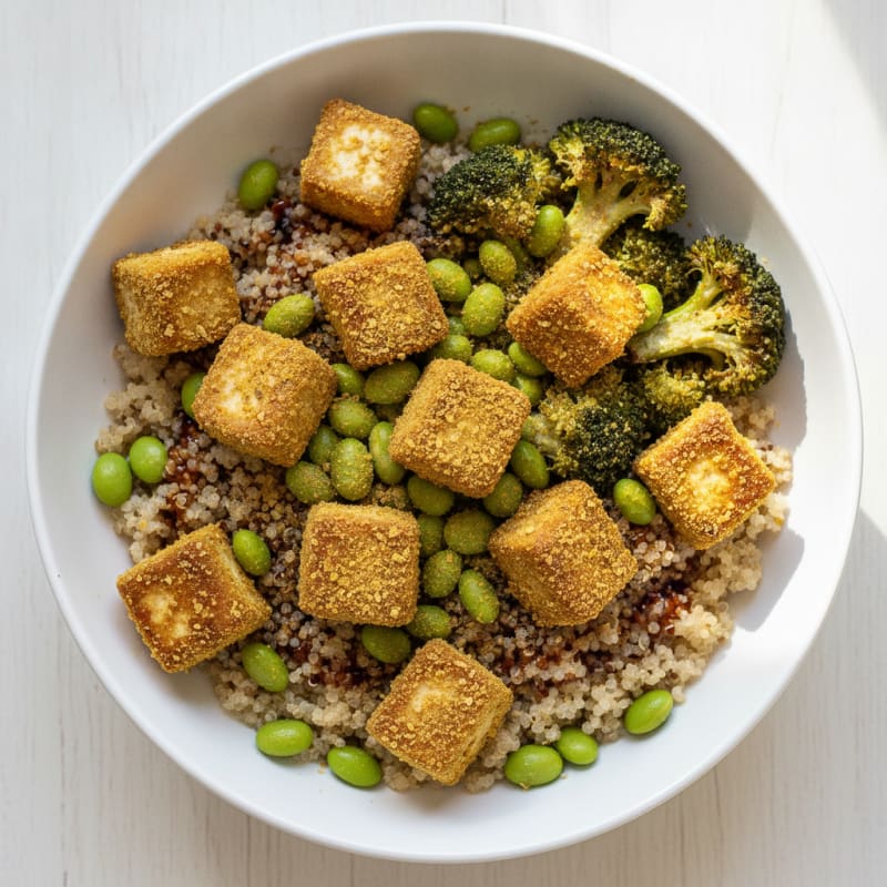 Crispy Tofu and Edamame Power Bowl with Quinoa and Roasted Broccoli