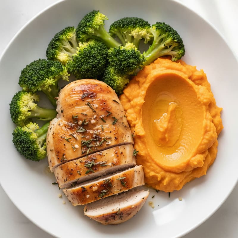 Roasted Herb Chicken Breast with Steamed Broccoli and Sweet Potato Mash