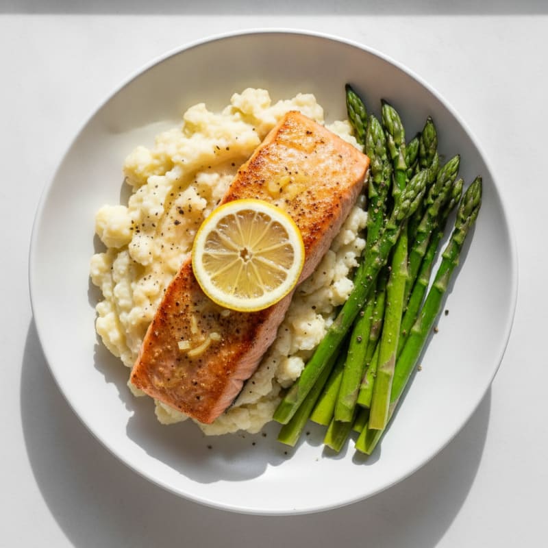 Seared Salmon with Steamed Asparagus and Garlic Mashed Cauliflower