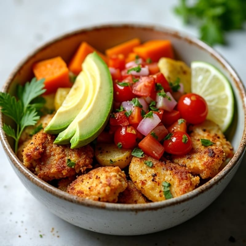 Crispy Chicken and Roasted Veggie Bowl with Fresh Pico and Creamy Avocado