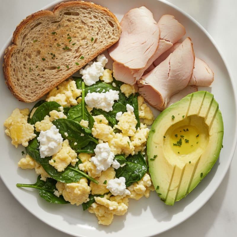 Egg White Spinach Scramble with Cottage Cheese and Sliced Turkey