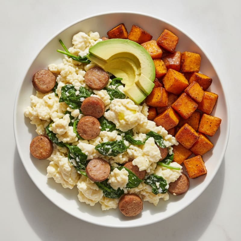 Egg White Scramble with Sautéed Spinach and Turkey Sausage