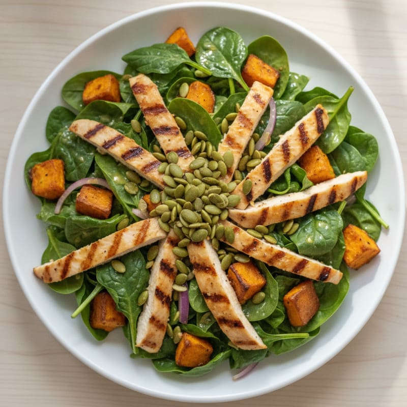 Grilled Chicken Spinach Salad with Roasted Sweet Potato