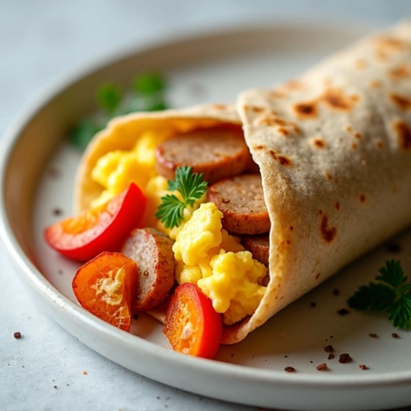 Lean Turkey Sausage, Fluffy Scrambled Egg, and Crispy Sweet Potato Breakfast Burrito