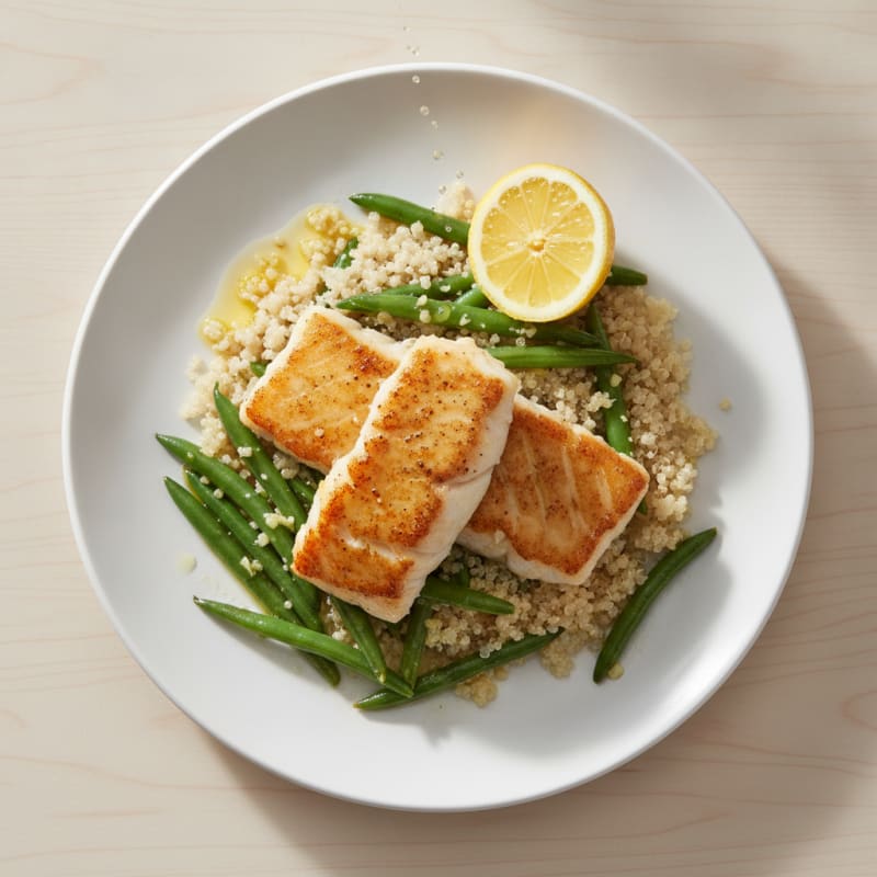 Seared Cod with Garlic Green Beans and Quinoa