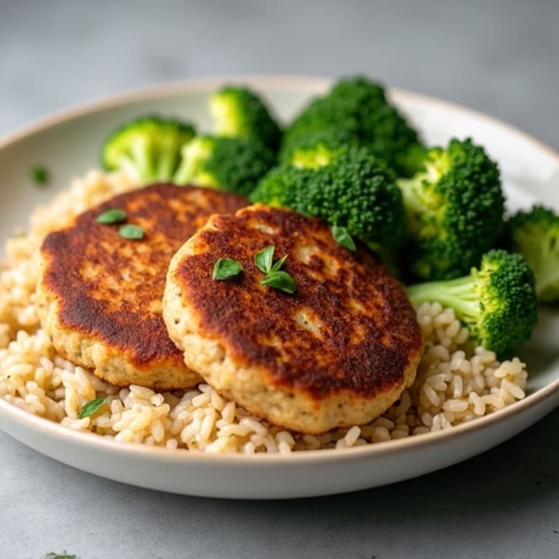 Seared Turkey Patties with Steamed Broccoli and Brown Rice