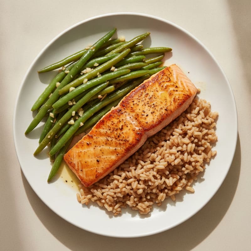 Seared Salmon with Garlic Green Beans and Brown Rice