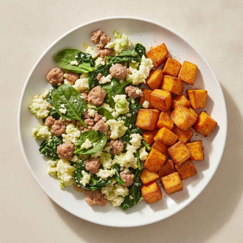Egg White and Turkey Sausage Scramble with Spinach and Roasted Sweet Potato