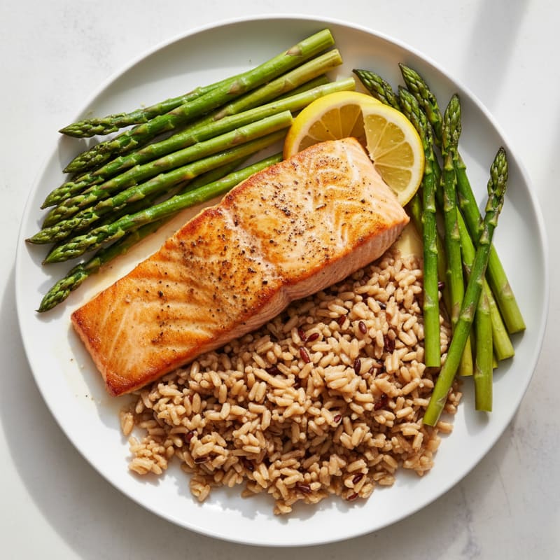 Seared Salmon with Brown Rice and Steamed Asparagus