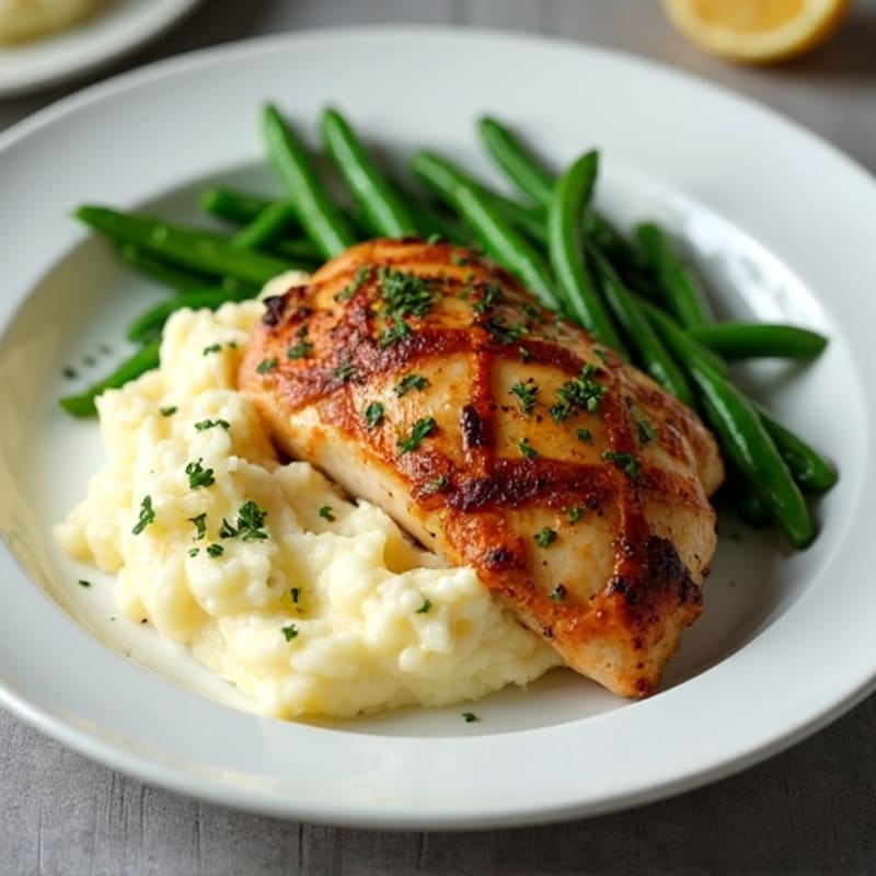 Roasted Herb Chicken with Creamy Buttery Garlic Mashed Potatoes and Crispy Green Beans