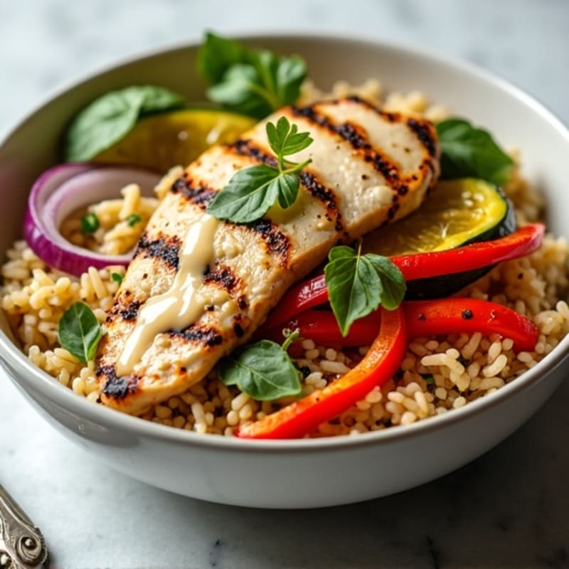 Grilled Chicken and Veggie Rice Bowl with Lemon Tahini Drizzle