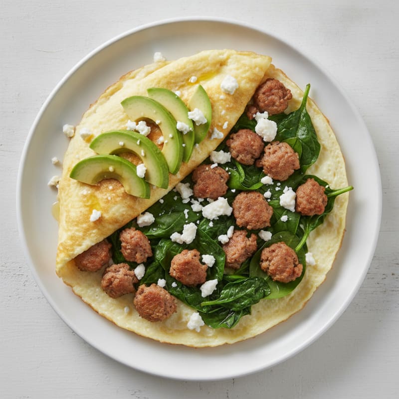 Egg White Omelet with Turkey Sausage and Sautéed Spinach