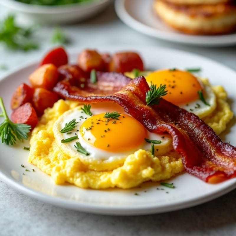 Crispy Bacon with Fluffy Scrambled Eggs and Roasted Herb Potatoes