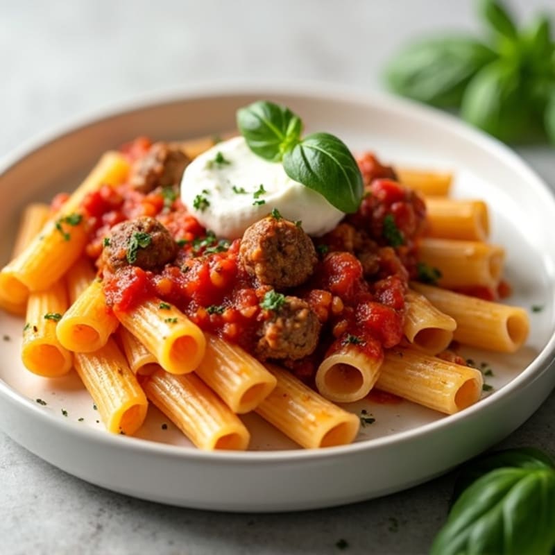 Lean Ground Beef and Turkey Sausage Baked Whole Wheat Pasta with Creamy Ricotta