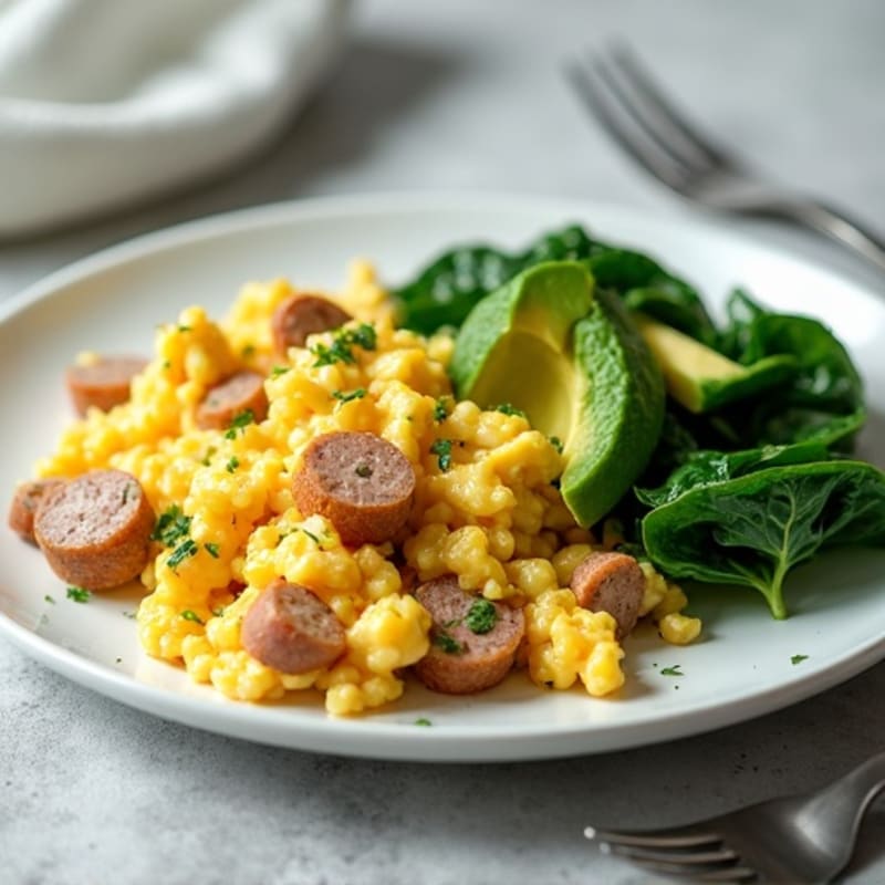 Egg White Scramble with Turkey Sausage and Sautéed Spinach
