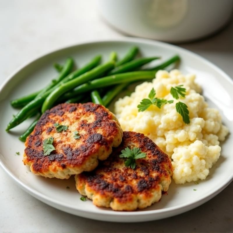 Seared Turkey Patties with Garlic Green Beans and Mashed Cauliflower